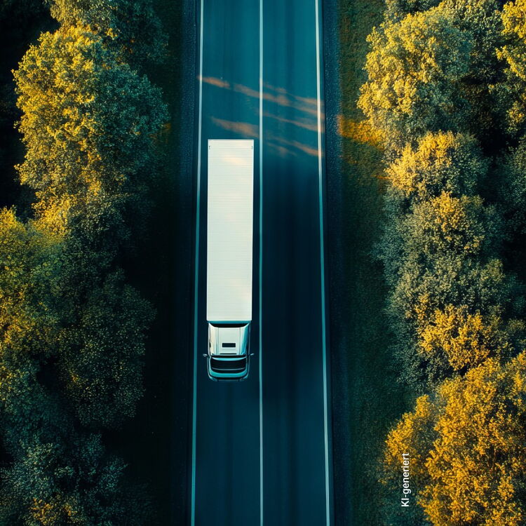 Luftaufnahme eines LKWs, der gerade auf einer Landstraße durch den Wald fährt.
